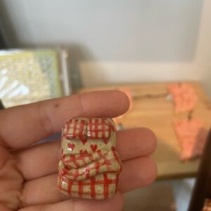 Handmade Ceramic Miniature bed pin with Red Check + Hearts